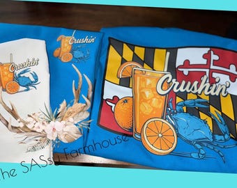 crushin’ Maryland theme tshirt. Maryland blue crab, orange crush md state drink, soft shirt for men and women. Comfort colors blue lagoon