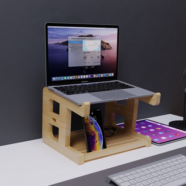 Laptop Stand with Phone Holder, Real Wood, Desk Organizer, Portable Lap Desk, Computer Stand, Tablet Holder, Work from Home, MacBook Stand