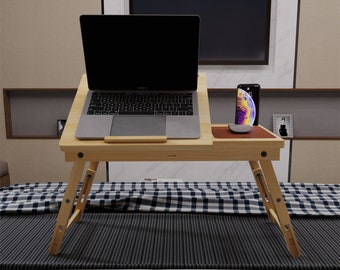 Wood Lap Desk, Foldable Laptop Stand, Laptop Bed Tray, Breakfast Serving Tray, Adjustable Legs Laptop Table, Portable Storage Drawers Desk