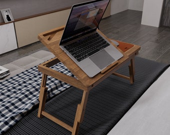 Wood Lap Desk, Foldable Laptop Stand, Laptop Bed Tray, Breakfast Serving Tray, Adjustable Legs Laptop Table, Portable Storage Drawers Desk