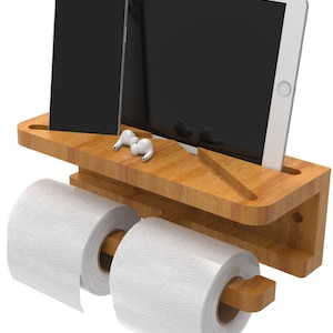 Soporte de papel higiénico FALKEL con almacenamiento de teléfono y tableta, madera doble papel higiénico soporte rollo tejido Organizador de papel adhesivo rack de baño