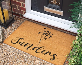 Flowers Doormat | Housewarming Gift | New Home Gift | Personalized Gift | Personalized Custom Doormat | Welcome Door Mat | Last Name Doormat