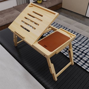 Wood Lap Desk, Foldable Laptop Stand, Laptop Bed Tray, Breakfast Serving Tray, Adjustable Legs Laptop Table, Portable Storage Drawers Desk