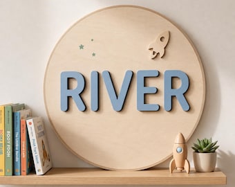 Personalized Rocket Nursery Name Sign, Round Wood Baby Plaque, 3D Space Room Decor