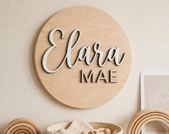 Round Wood Baby Name Sign for Nursery, Personalized 3D First and Middle Name Plaque