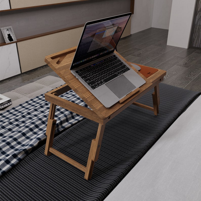 Wood Lap Desk, Foldable Laptop Stand, Laptop Bed Tray, Breakfast Serving Tray, Adjustable Legs Laptop Table, Portable Storage Drawers Desk