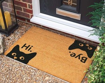Felpudo &quot;Hola, adiós, gato&quot;: Felpudo de bienvenida personalizado de coco