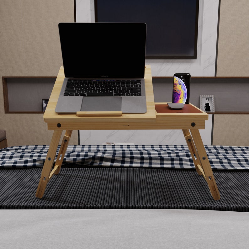Wood Lap Desk, Foldable Laptop Stand, Laptop Bed Tray, Breakfast Serving Tray, Adjustable Legs Laptop Table, Portable Storage Drawers Desk