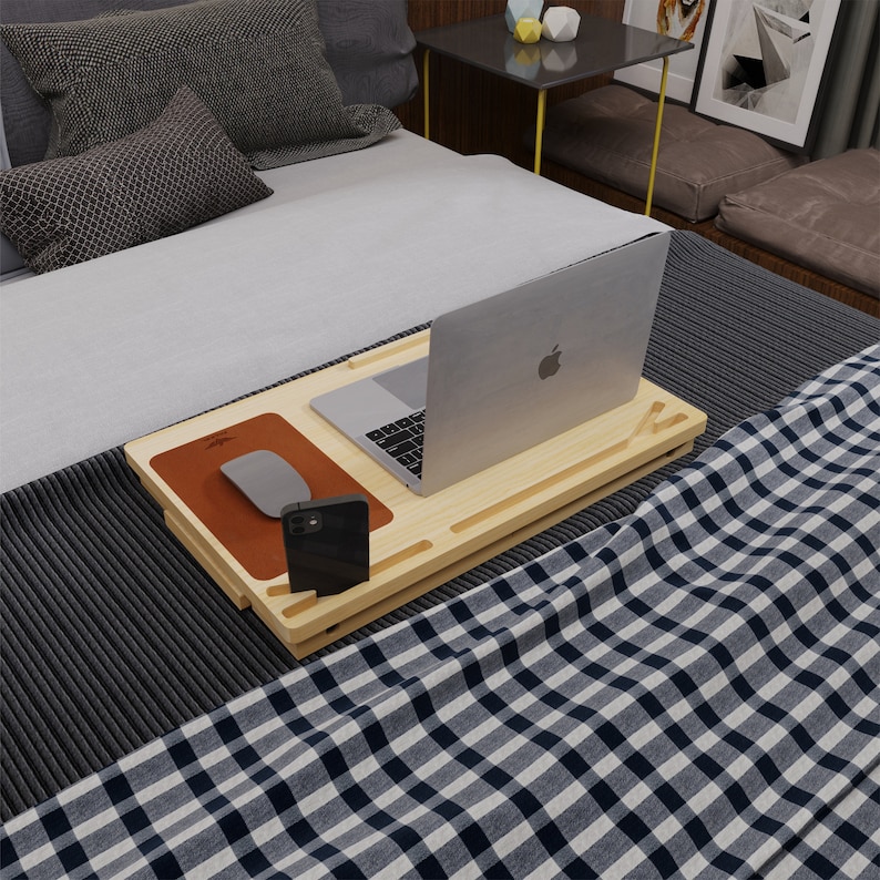 Wood Lap Desk, Foldable Laptop Stand, Laptop Bed Tray, Breakfast Serving Tray, Adjustable Legs Laptop Table, Portable Storage Drawers Desk