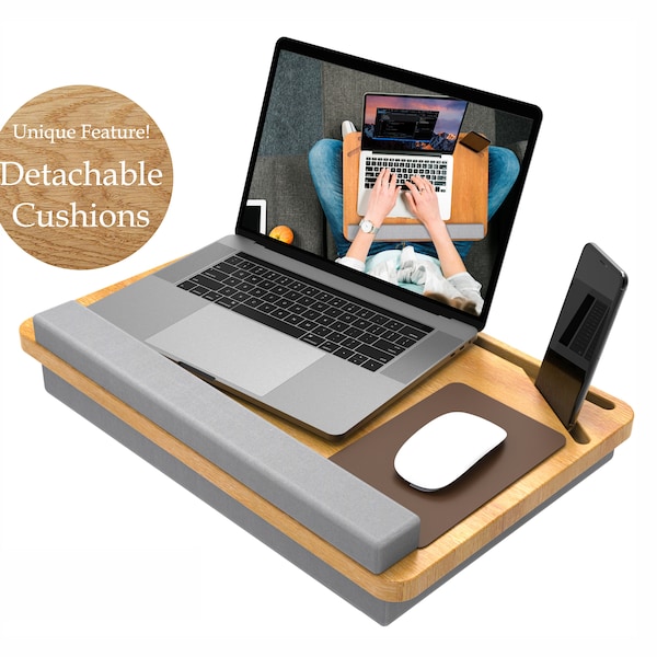 Lap Desk Laptop Stand REAL Wood with Cushion Gift Laptop Table 15.6 in Phone Holder Wrist Supported Lap Desk Laptop Tray Pillow