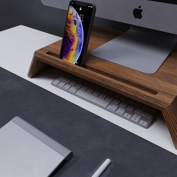 LAND·VOI Dual-Monitor-Ständer Aus Holz – Mit Smartphone-Halter, Verstellbarer Höhe & Schwenk, Schreibtisch-Organizer