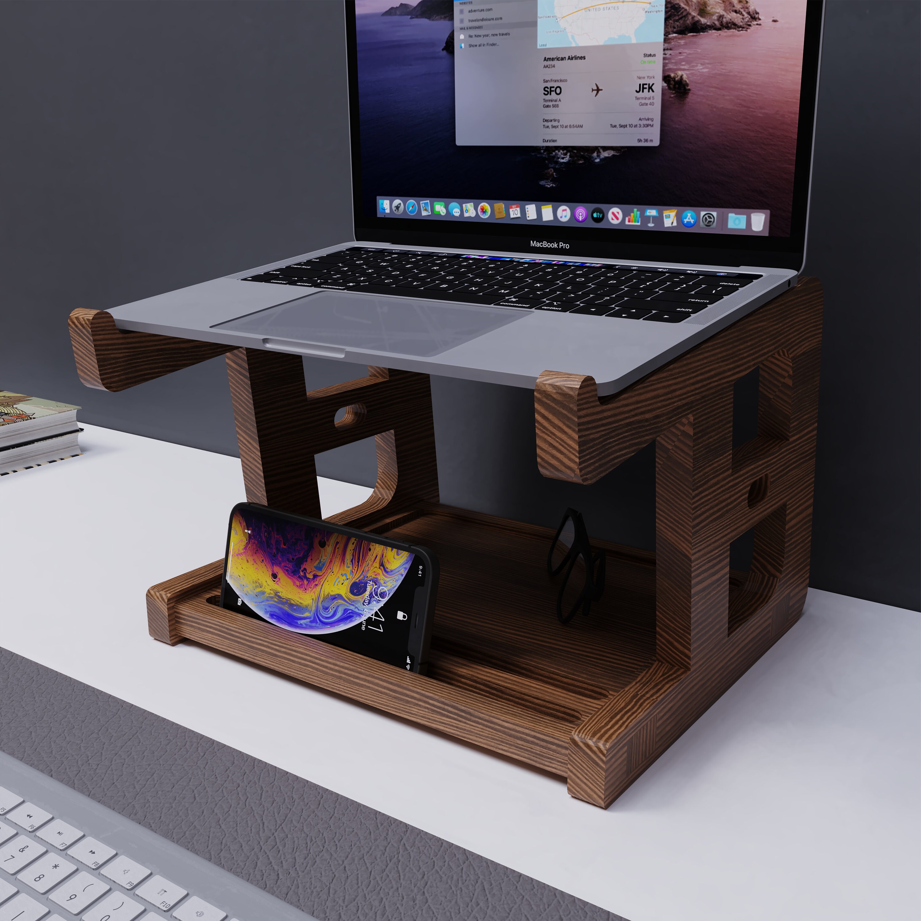Laptop Stand with Phone Holder Real Wood Desk Organizer Etsy