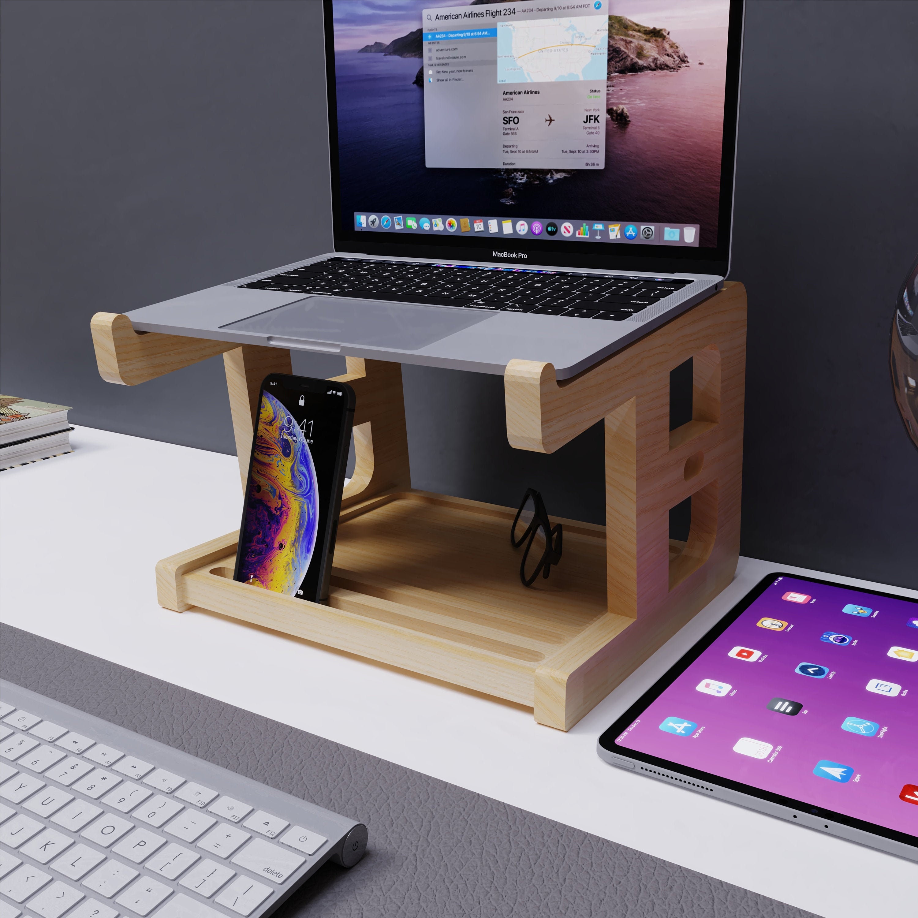 Laptop Stand with Phone Holder Real Wood Desk Organizer Etsy