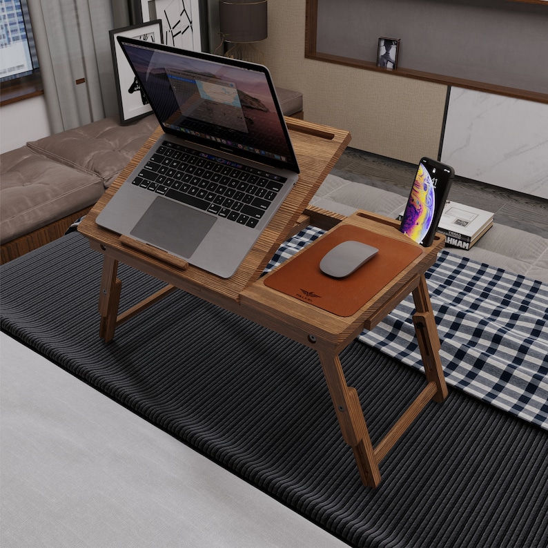 Wood Lap Desk, Foldable Laptop Stand, Laptop Bed Tray, Breakfast Serving Tray, Adjustable Legs Laptop Table, Portable Storage Drawers Desk