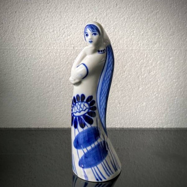 vintage Bleu blanc Gzhel dame figurine en porcelaine russe.