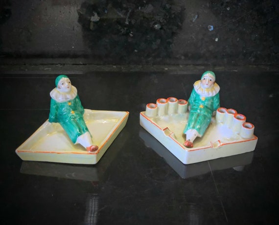 Two Antique Japanese Porcelain Trinket Ashtray Dishes With Cigarette Holder.  1920-1930