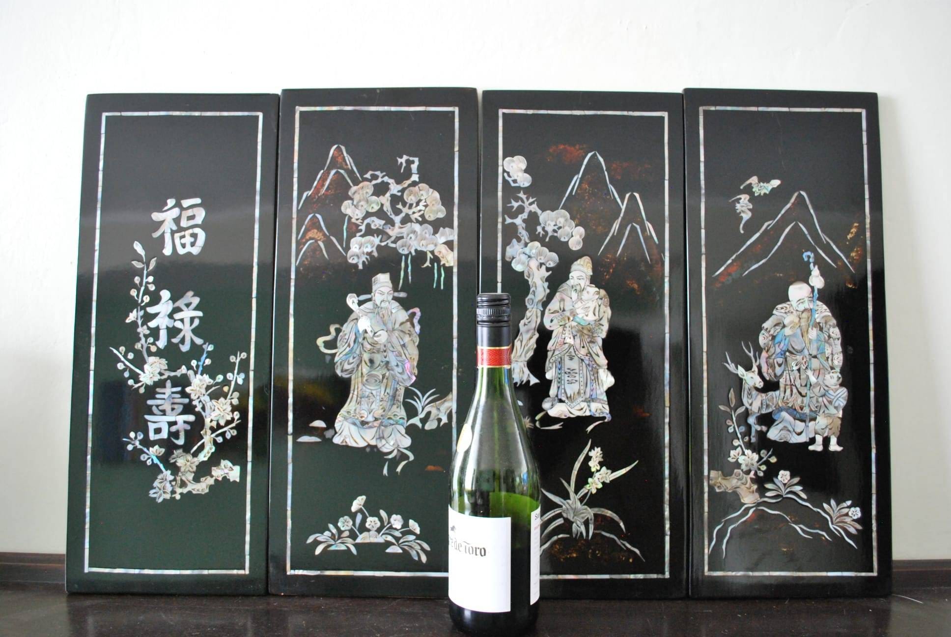 Set of 4 Asian Lacquer Art Panels Wise Men. Mother of Pearl