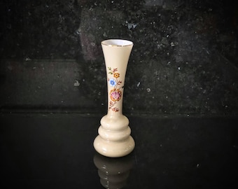 Vintage opaline vaas. Grey beige opaline glass with floral decoration.
