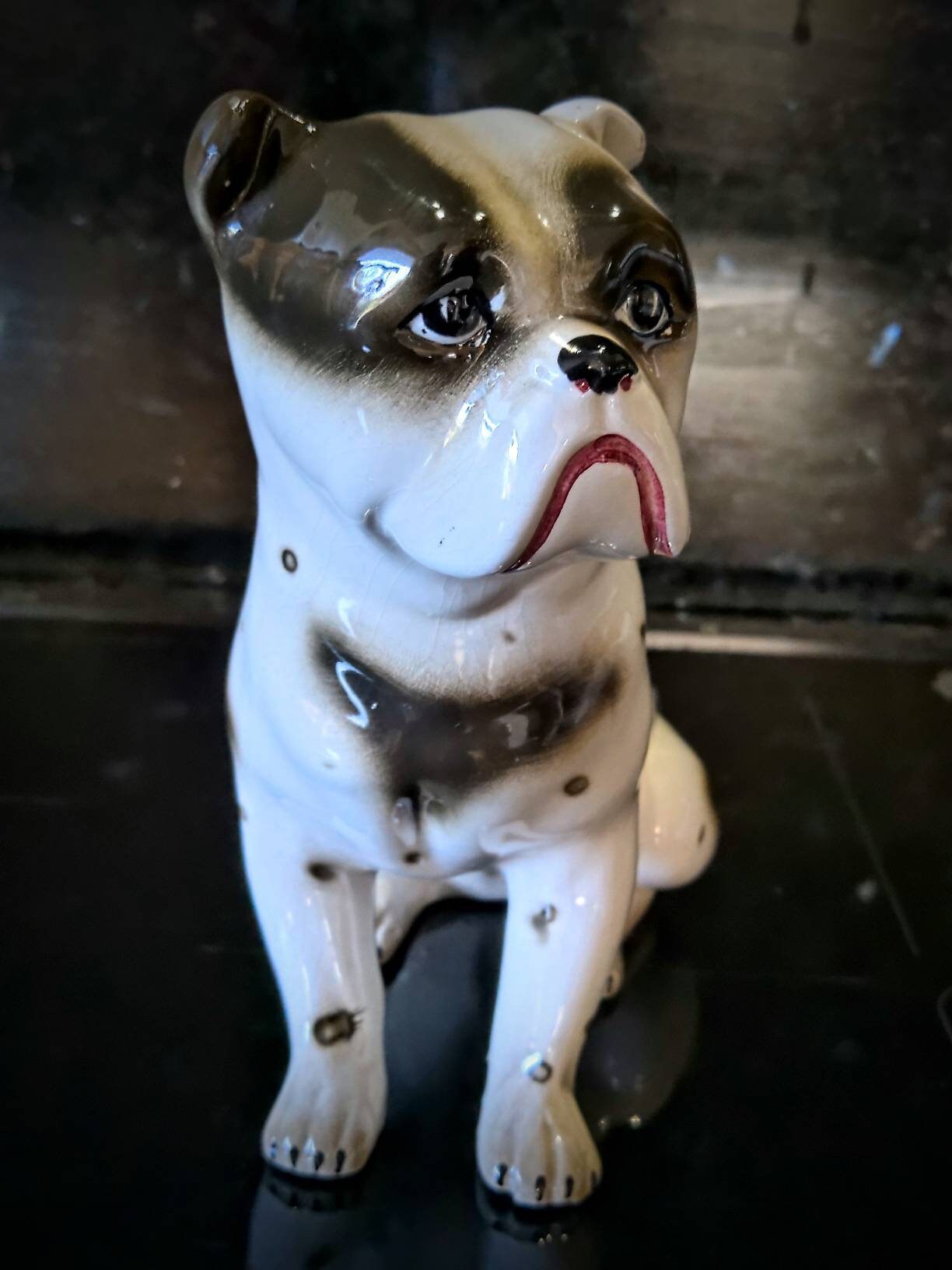 Vintage Bulldog Porcelain Figurine. White Black. Made in Italy by