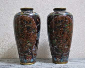 Pair Japanese Cloisonne Vases - Goldstone - Meiji Period - 9.5 inch