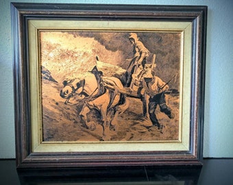 Vintage etched Copper art wall decoration. Framed.