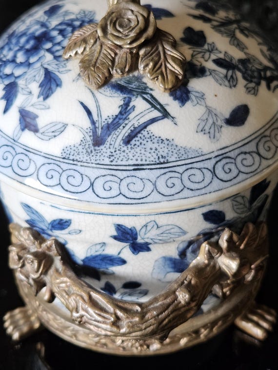 WL 1895 Wong Lee Crackled Porcelain Lidded Bowl With Bronze