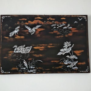Vintage large Asian Oriental lacquer wall panel. Black and brown. Shell inlay.