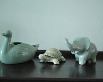 Lot of three celadon animals. Duck Turtle and Elephant.