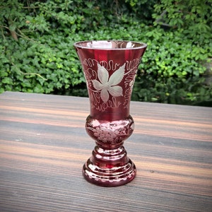 Bohemian Glass engraved red vase. Grape decoration