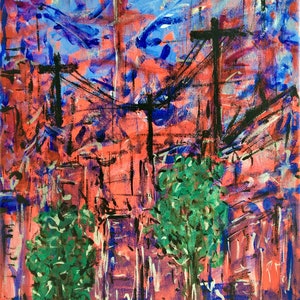 Abstract Urban Landscape Sunset - acrílico original sobre pintura de lienzo