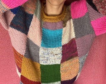 Hand Knit Patchwork Sweater: Mohair Checkered Pullover with Balloon Sleeves
