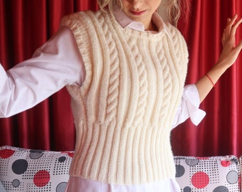 Cable Knit Crew Neck Sweater Vest, Beige Ivory Sleeveless Crop Jumper, Casual Knitwear Top, Women Knit Lover Gift
