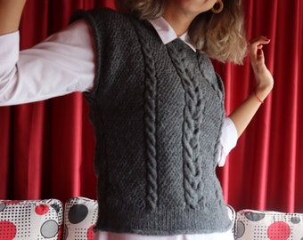 Hand Knit Wool Cable Knit Vest: Gray Sleeveless Sweater Top