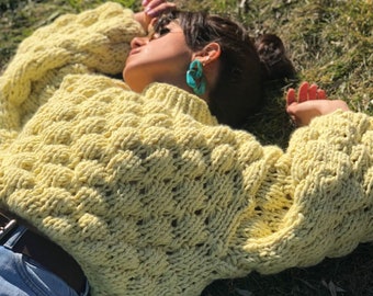 Hand Knit Chunky Sweater: Bubble Knit Balloon Sleeve Jumper