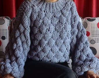 Loose fit balloon sleeve knit jersey, Handmade oversize pullover, Chunky bubble pattern winter sweater