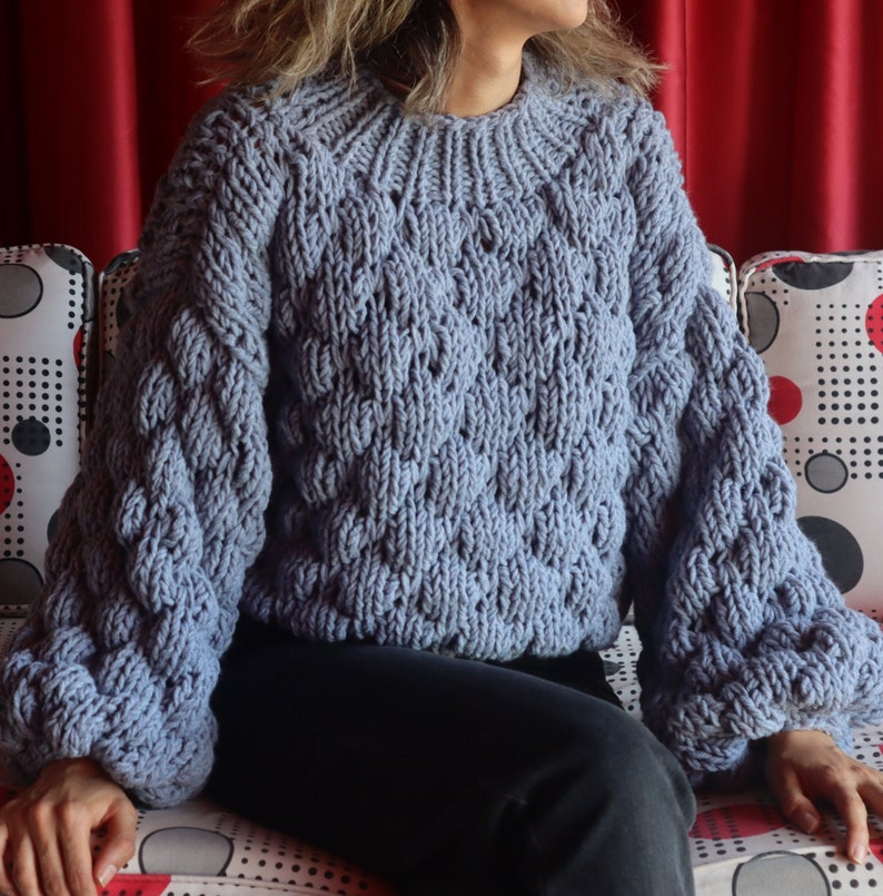 Pu&ograve; includere: Un maglione di lana blu chiaro con un motivo a treccia e maniche a sbuffo.