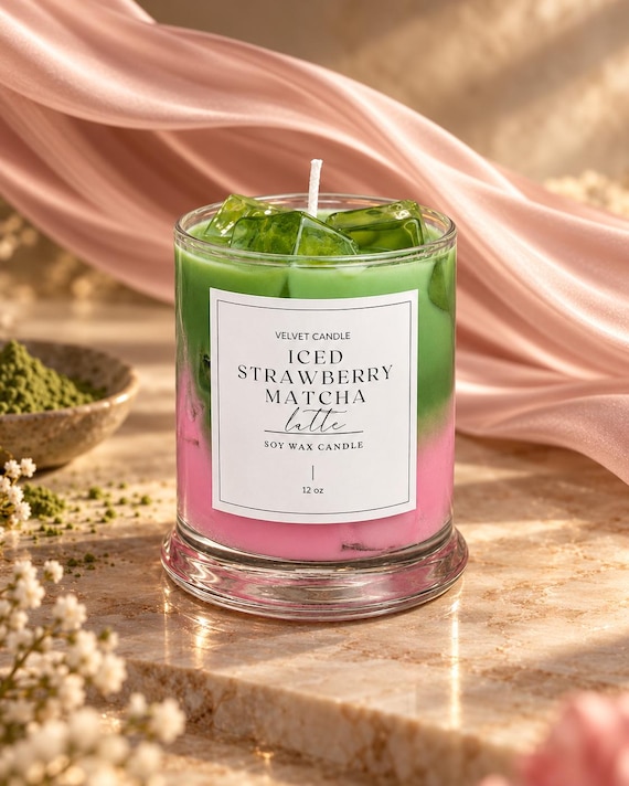 Ice Strawberry Matcha Latte Candle – 12 oz Soy & Gel Wax Candle