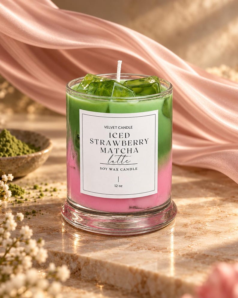 May include: A 12 oz soy wax candle in a clear glass jar with a layered pink and green appearance, topped with green wax ice cubes. The white label reads VELVET CANDLE ICED STRAWBERRY MATCHA latte SOY WAX CANDLE 12 oz.
