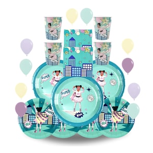 Set de fiesta de superhéroes, paquete de fiesta de niñas, 56 piezas, platos, servilletas, tazas, fiesta de niñas en una caja, vajilla de fiesta, fiesta de niñas verdes