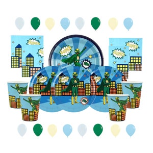 Set de fiesta de superhéroes, paquete de fiesta, recuento de 56 piezas, platos, servilletas, taza, fiesta de niño en una caja, vajilla de papel, superhéroe de fiesta de cumpleaños verde