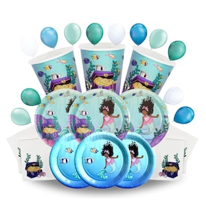 Set de fiesta de sirena, paquete de fiesta de niña, recuento de 56 piezas, platos, servilletas, tazas, fiesta de niña en una caja, vajilla de fiesta, fiesta de niña azul