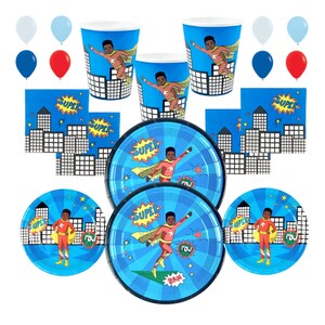 Set de fiesta de superhéroes, paquete de fiesta, 56 piezas, platos, servilletas, tazas, fiesta de niño en una caja, vajilla de fiesta, fiesta de cumpleaños azul y rojo