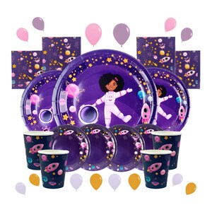 女の子の宇宙飛行士パーティーセット、女の子のパーティーバンドル、56ピース、プレート、ナプキン、カップ、女の子のパーティーボックス、パーティー用食器、パープルガールパーティー