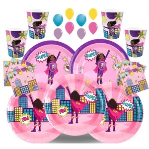 Superhelden Party Set, Mädchen Party Bundle, 56 Stück, Teller, Servietten, Tassen, Mädchen Party In einer Box, Party Geschirr, Pink Girl Party