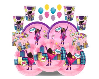 Superhero Party Set, Girl Party Bundle, 56 Piece Count, Plates, Napkins, Cups, Girl Party In a Box, Party Tableware, Pink Girl Party