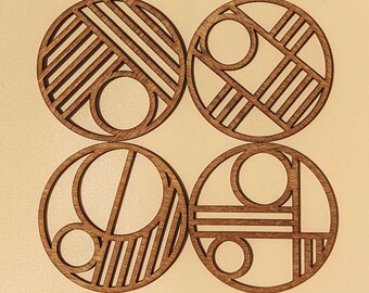 Set of 4 Art Deco Geometric Circular Wooden Coasters