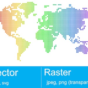 May include: A rainbow colored world map made of dots. The map is divided into continents with a gradient of color from red to purple.