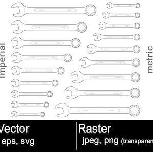 May include: A line drawing illustration of wrenches in both imperial and metric sizes. The wrenches are labeled with their sizes. The image includes the text "Vector eps, svg" and "Raster jpeg, png (transparent)".