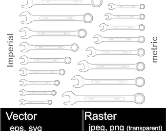 Könnte beinhalten: Eine Strichzeichnung von Schraubenschlüsseln in Zoll und metrischen Größen. Die Schraubenschlüssel sind mit ihren Größen beschriftet. Das Bild enthält den Text "Vector eps, svg" und "Raster jpeg, png (transparent)".