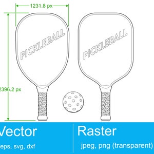 Puede incluir: Ilustración de línea de dos palas de pickleball y una pelota. Las palas son blancas y negras y tienen la palabra "Pickleball" escrita en ellas. La pelota es blanca con agujeros negros.